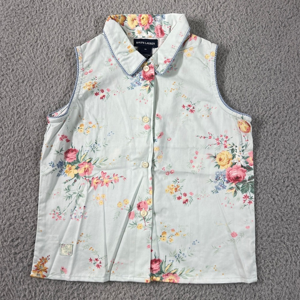 Ralph Lauren Avignon Shirt‎ Girls 6X Mint Green Floral Sleeveless Cotton Gingham